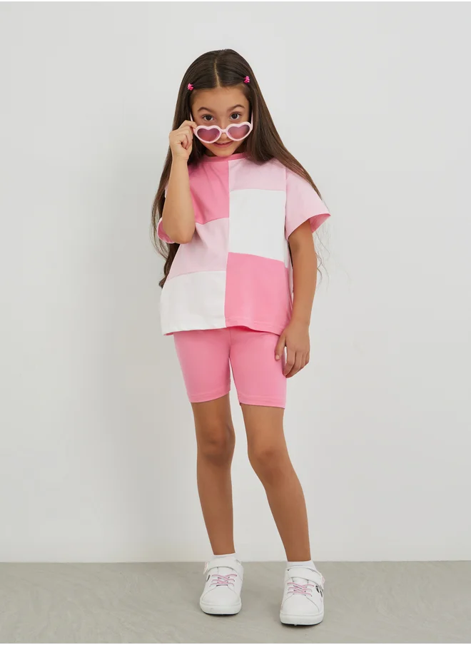 Styli Styli Girls Color Block Oversized T-Shirt and Shorts Set