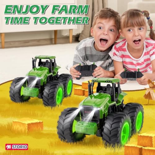 Storio Remote Control Tractor Toys, Light Up Farm Monster Trucks Toy for Boys 3, 4, 5, 6, 7 Year Old, 2.4 Ghz RC Tractor Toys, for Kids - Green - Image 2