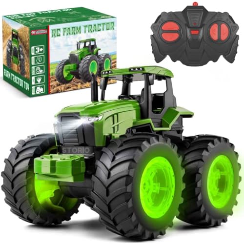 Storio Remote Control Tractor Toys, Light Up Farm Monster Trucks Toy for Boys 3, 4, 5, 6, 7 Year Old, 2.4 Ghz RC Tractor Toys, for Kids - Green - Image 1