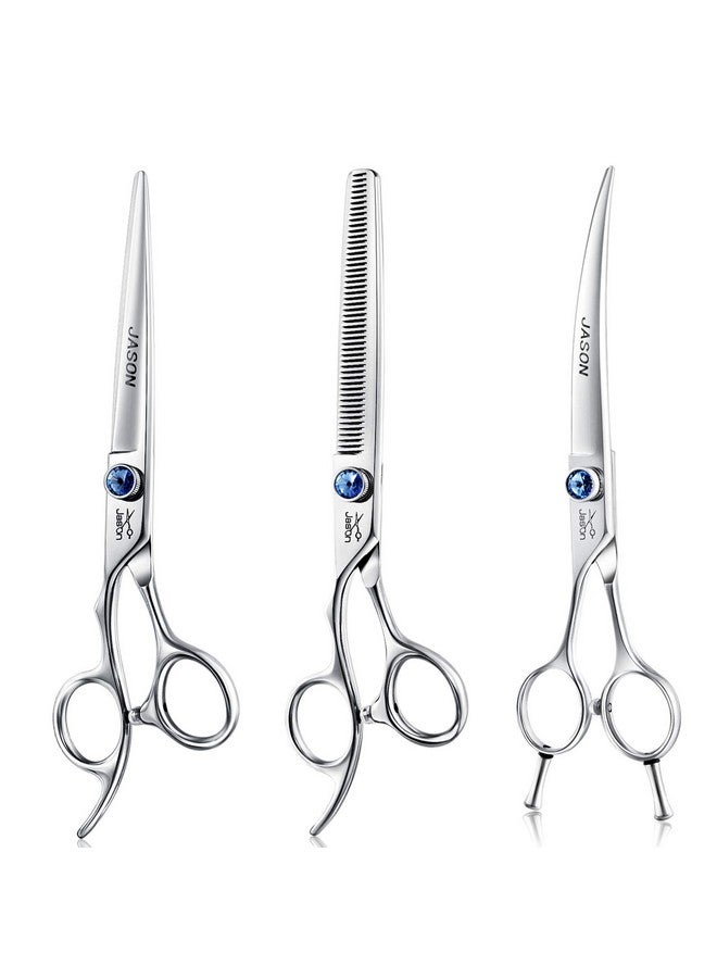 Jason Left Handed 7" Dog Grooming Scissors Set, 3 In 1 Ergonomic Blending, Curved, Straight Cat Pet Hair Trimming Thinning Professional Kits With Offset Handle And A Jeweled Screw - Image 1