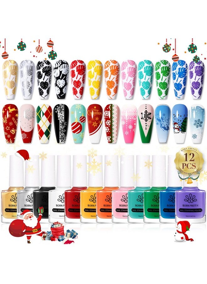 Born Pretty - Born Pretty Nail Stamping Polish, Christmas Fingernail Stamp Polish Set Manicure Print Nail Polish for Plates 12 Colors Bulk Gift Collection 10ml 0.34fl oz Ideal Gifts - Image 1