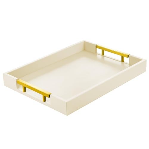 ATZYmolin Leather Serving Tray with Gold Polished Metal Handles Home Decorative Wooden Rectangle Ottoman Decor Platter Bathroom Vanity Tray for All Occasions Cream