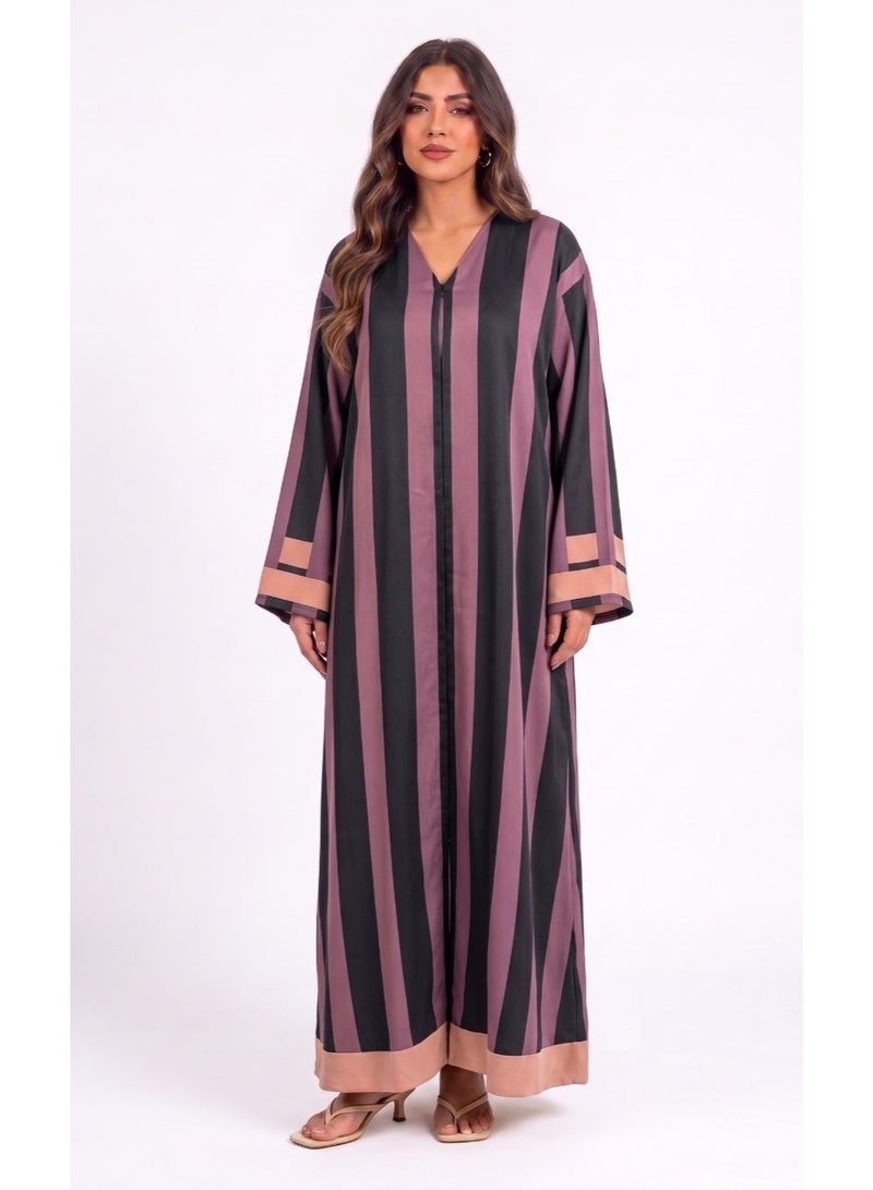 Next Abaya Luxury Symmetrical Vertical Stripe Silk Closed Abaya Mauve and Black Maxi Dress - Image 1