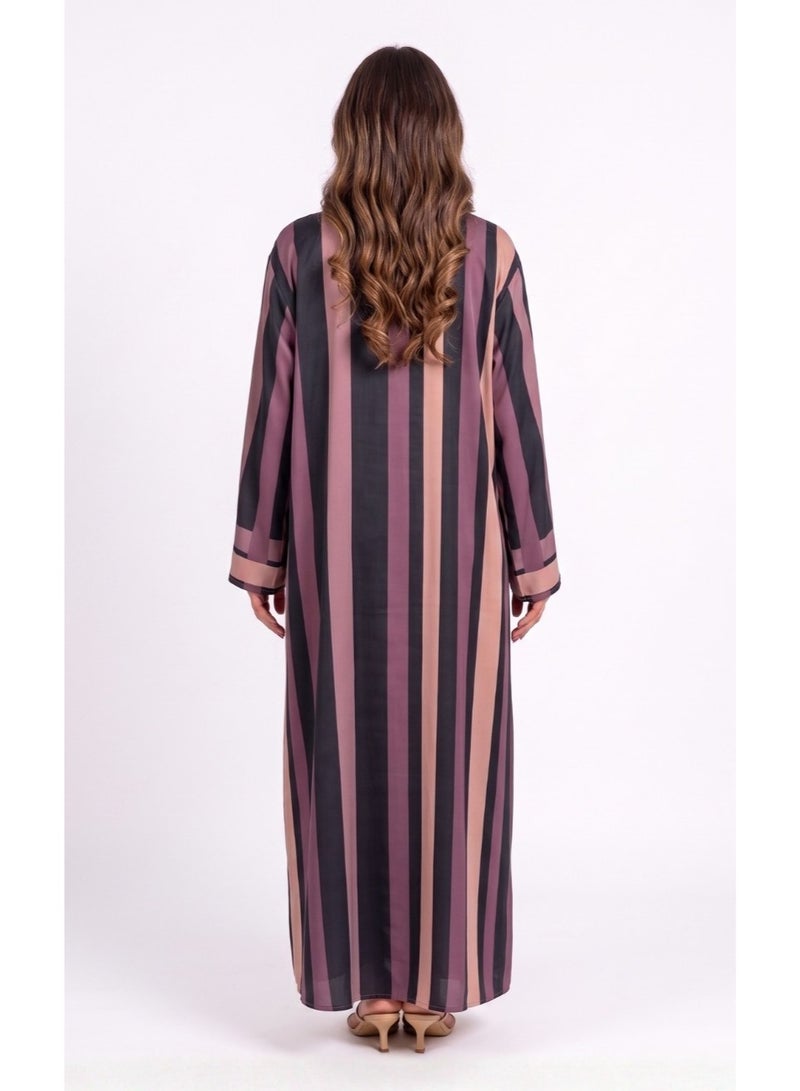 Next Abaya Luxury Symmetrical Vertical Stripe Silk Closed Abaya Mauve and Black Maxi Dress - Image 2