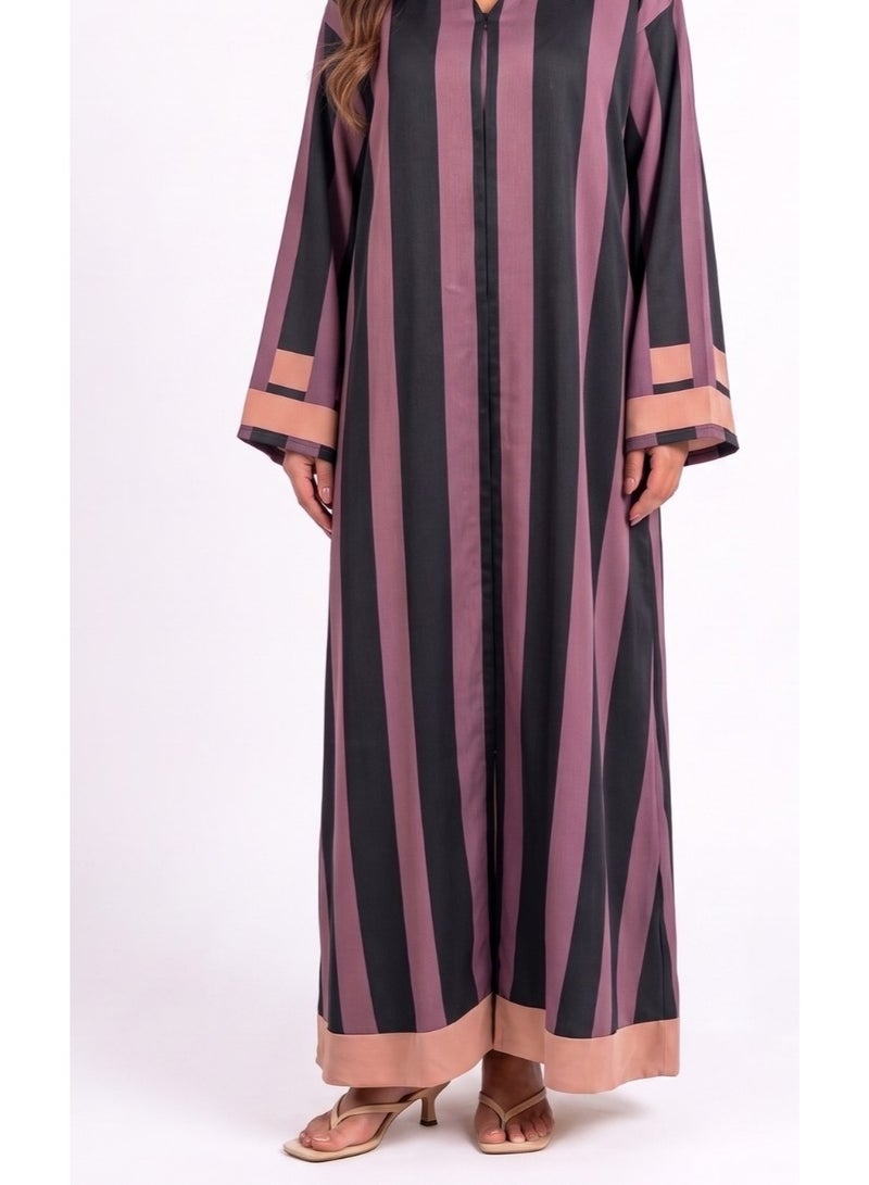 Next Abaya Luxury Symmetrical Vertical Stripe Silk Closed Abaya Mauve and Black Maxi Dress - Image 3