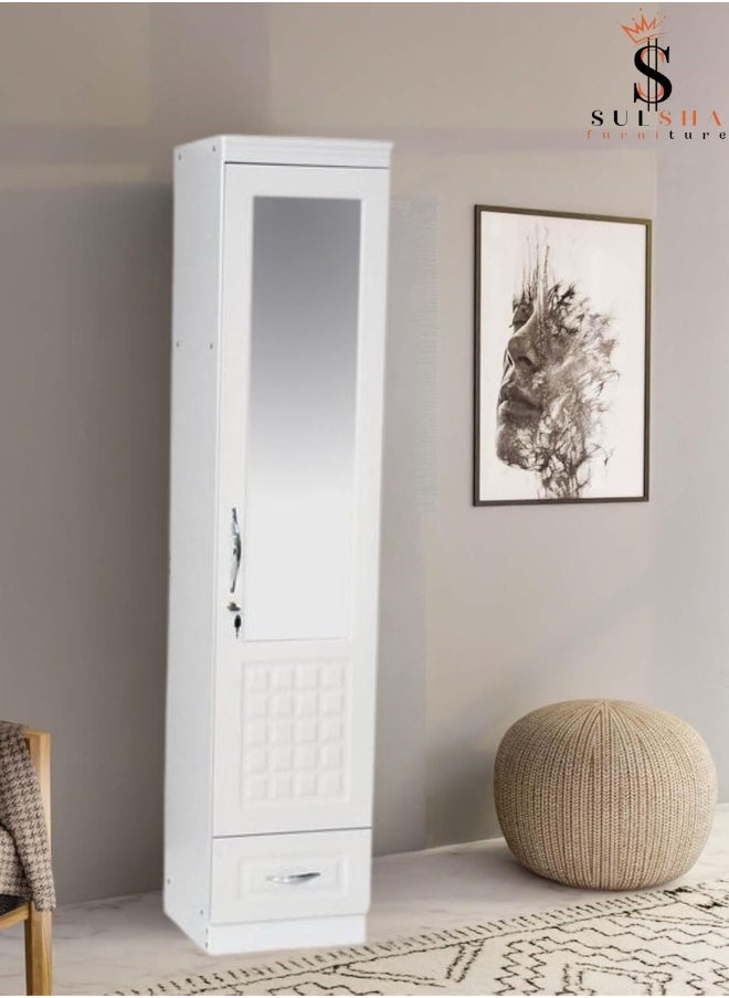 SULSHA Sulsha One Door Wooden Wardrobe Cabinet Cupboard With Mirror and Drawer Lock Keys White Color Size 190x50x52 Cm  - Image 1