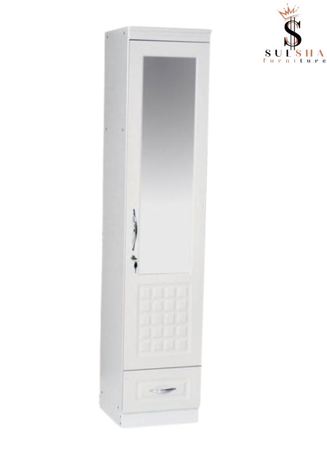 SULSHA Sulsha One Door Wooden Wardrobe Cabinet Cupboard With Mirror and Drawer Lock Keys White Color Size 190x50x52 Cm  - Image 2