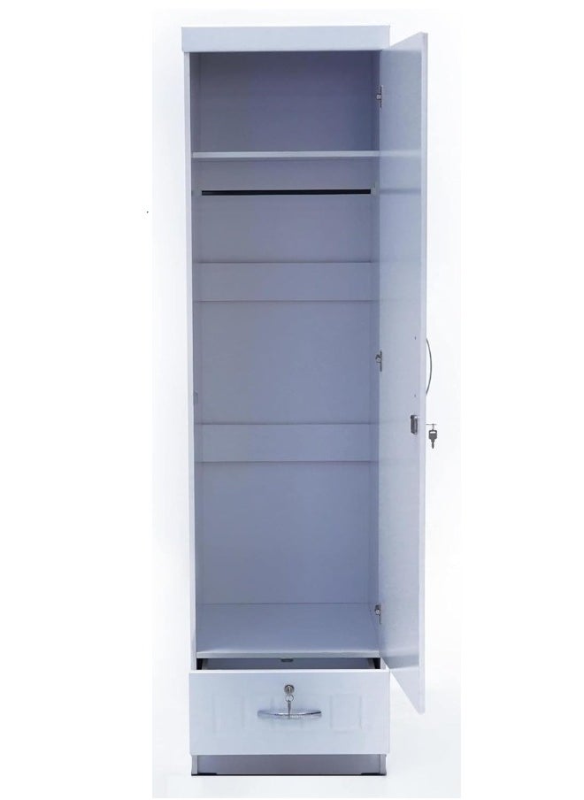 SULSHA Sulsha One Door Wooden Wardrobe Cabinet Cupboard With Mirror and Drawer Lock Keys White Color Size 190x50x52 Cm  - Image 3
