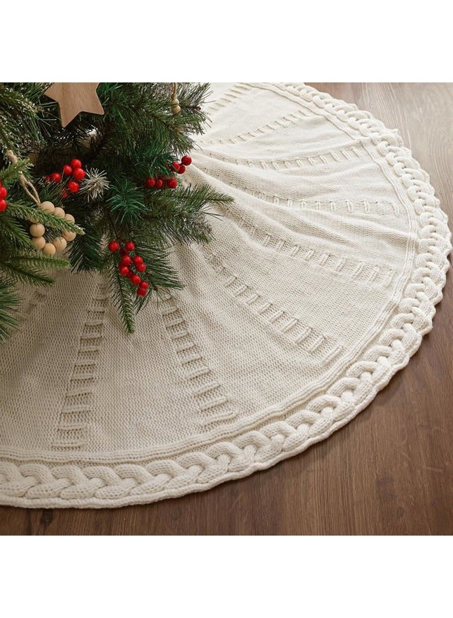 LimBridge Knitted Christmas Tree Skirt: 48 Inches Cream White Tree Skirt, Braided Cable Knit Thick Rustic Christmas Tree Decorations, Farmhouse Christmas Decor Xmas Holiday Home Party Decorations - Image 1