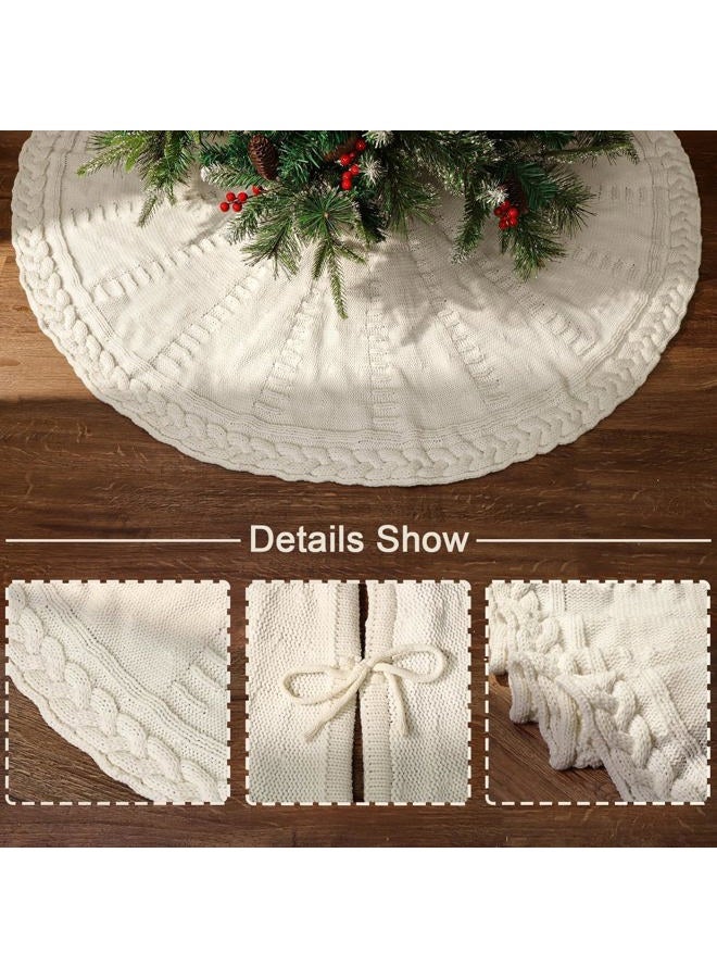 LimBridge Knitted Christmas Tree Skirt: 48 Inches Cream White Tree Skirt, Braided Cable Knit Thick Rustic Christmas Tree Decorations, Farmhouse Christmas Decor Xmas Holiday Home Party Decorations - Image 2
