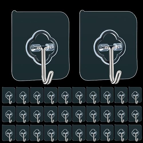 DKHDBD Adhesive Hooks, 32 Pack 33lb(Max) Sticky Hooks, Transparent Reusable Removable Adhesive Hooks for Hanging, Wall Hooks for Hanging Can be Use for Kitchen Bathroom Shower Outdoor Home Improvement - Image 1
