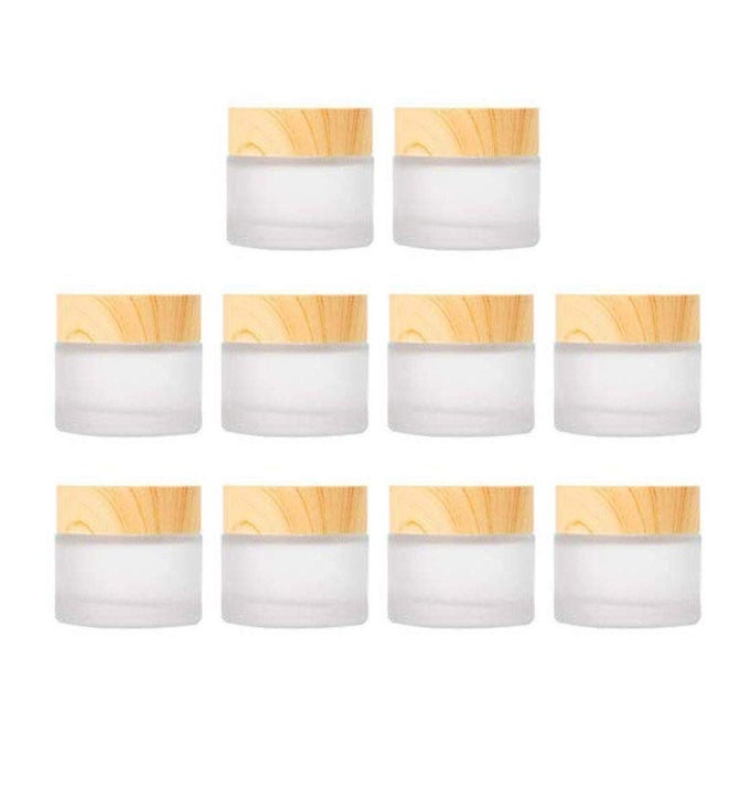 10 PCS 5 GRAMS5 ML EMPTY FROSTED GLASS CREAM JARS BOTTLE VIALS WITH WOOD GRAIN LID LOTION JARS COSMETIC COMTAINERS REFILLABLE GLASS CREAM BOX JAR POT FOR MAKEUP LOTION LIP BALM EYE CREAM