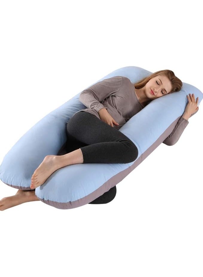 U-shaped full body pregnancy pillow 55x28 inches, with cotton cover for back, abdomen, hip and leg support (blue/grey) - Image 1