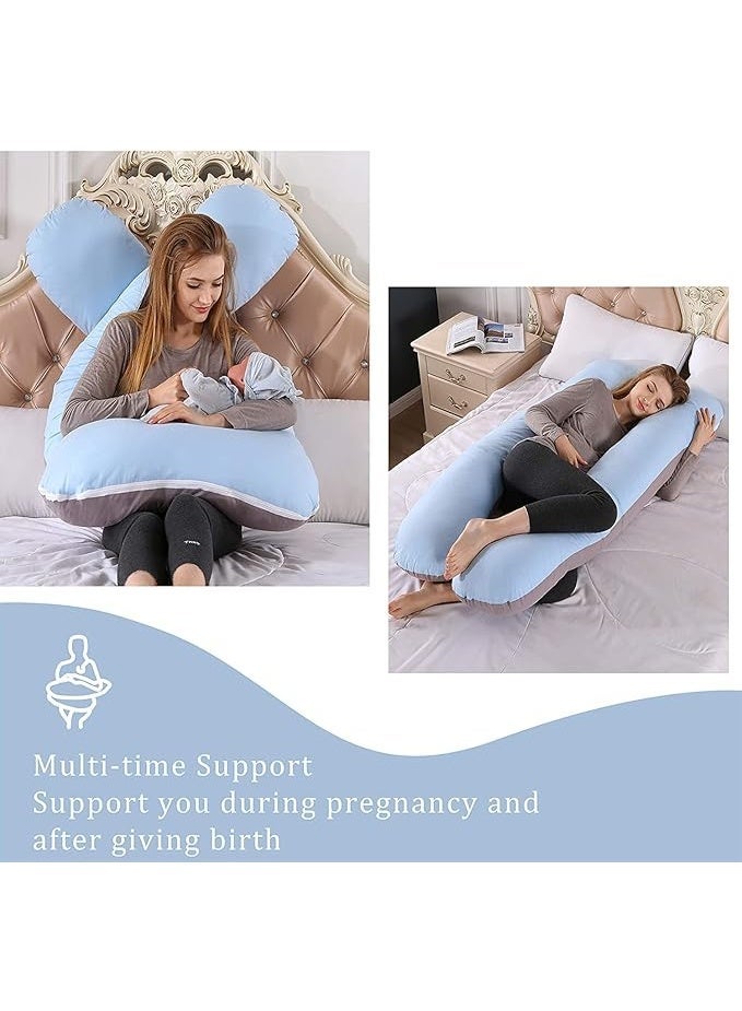 U-shaped full body pregnancy pillow 55x28 inches, with cotton cover for back, abdomen, hip and leg support (blue/grey) - Image 3