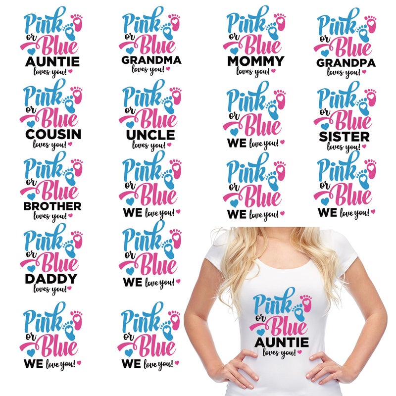 EoBeCy 16 Sheets Gender Reveal Iron on Transfers for T-Shirts, Pink or Blue We Love You DTF Transfers Ready to Press Heat Transfers Vinyl, Iron on Patches for Baby Shower Clothes Bag DIY Crafts - Image 1
