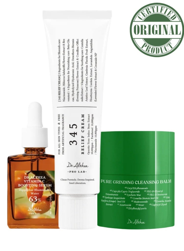 Dr.althea Dark Spot Correction & Sensitive Skin Hydration Set – Brightening Glow + Calming Moisture – Dr. Althea 345 Relief Cream, Vitamin C Boosting Serum & Pure Grinding Cleansing Balm - Image 1