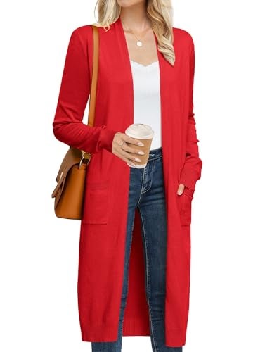 GRACE KARIN Red Long Cardigans for Women Soft Lightweight Summer Maxi Open Front Cardigan Sweater for Office(Red,XL) - Image 1