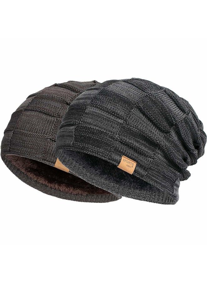 Vgogfly 2 Packs Slouchy Beanie for Men Winter Hats for Guys Cool Beanies Mens Lined Knit Warm Thick Skully Stocking Binie Hat…, Black / Coffee, One size - Image 1