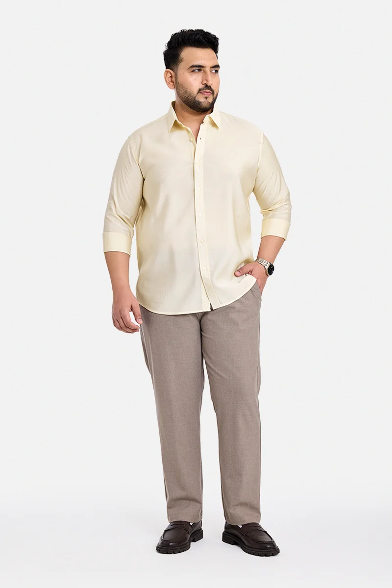 سنيتش Cream Solid Long Sleeve Regular Fit Casual Plus Size Shirt