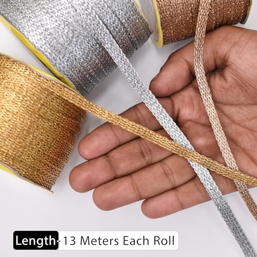 Embroiderymaterial Gota Patti Lace Boarder Heavy Lace for Saree, Craft, Blouse, Lehnga, Suit & Decoration (8mm Width, Gold,Alomod Gold & Silver, 13 Mtr, 3 Rolls, 1roll per Color) - Image 4