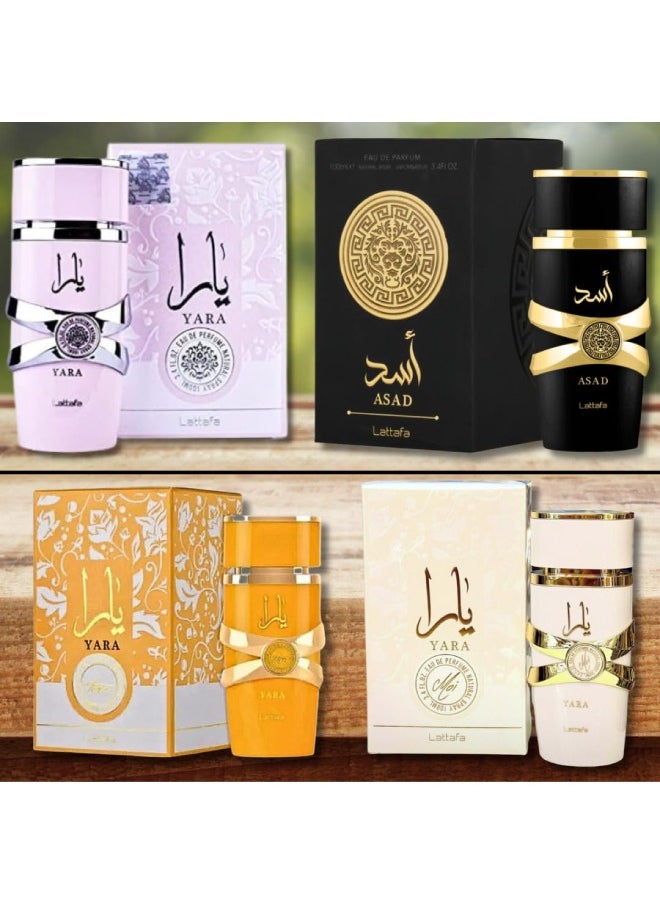 Lattafa - for Unisex 4 Piece Eau de Parfum Gift Set (Yara for Women + Yara Moi for Women + Yara Tous for Women + Asad for Men) 3.4 Ounce/100 ml each - Image 1