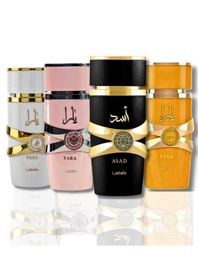 Lattafa - for Unisex 4 Piece Eau de Parfum Gift Set (Yara for Women + Yara Moi for Women + Yara Tous for Women + Asad for Men) 3.4 Ounce/100 ml each - Image 1