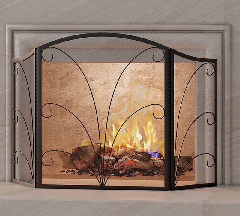 Kingson 3Panel Arched Fireplace Screen Decorative Handcrafted Scroll Wrought Iron Fireplace Spark Guard Cover  Black