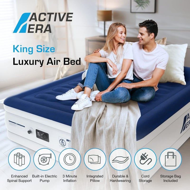 ACTIVE ERA Luxury King Size Inflatable Mattress - Elevated Air Mattress with Built-in Pump, Raised Pillow & Structured I-Beam Technology - 200 x 150 x 36.5 cm - Image 2