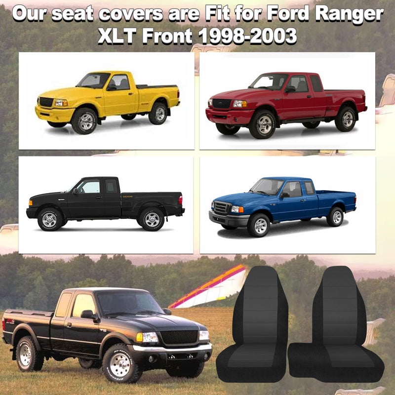 runfider 2Pcs 60/40 Cloth High Back Bench Seat Cover Fit for Ford Ranger XLT Front 1998 1999 2000 2001 2002 2003 Without Console Cover Black - Image 3