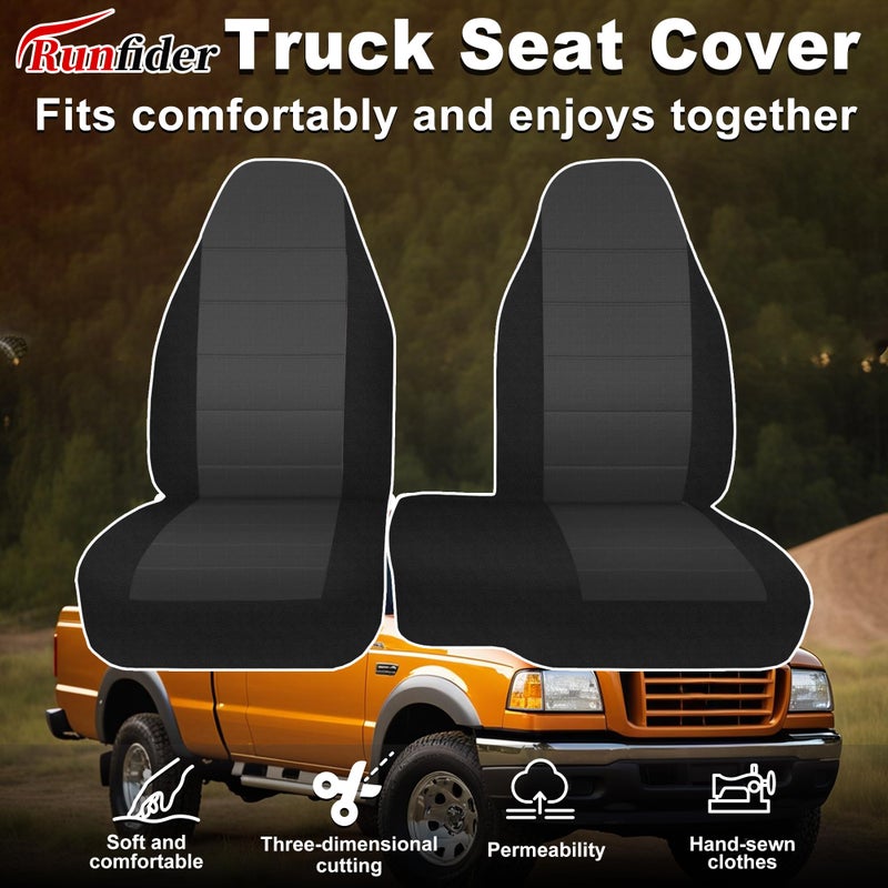 runfider 2Pcs 60/40 Cloth High Back Bench Seat Cover Fit for Ford Ranger XLT Front 1998 1999 2000 2001 2002 2003 Without Console Cover Black - Image 2