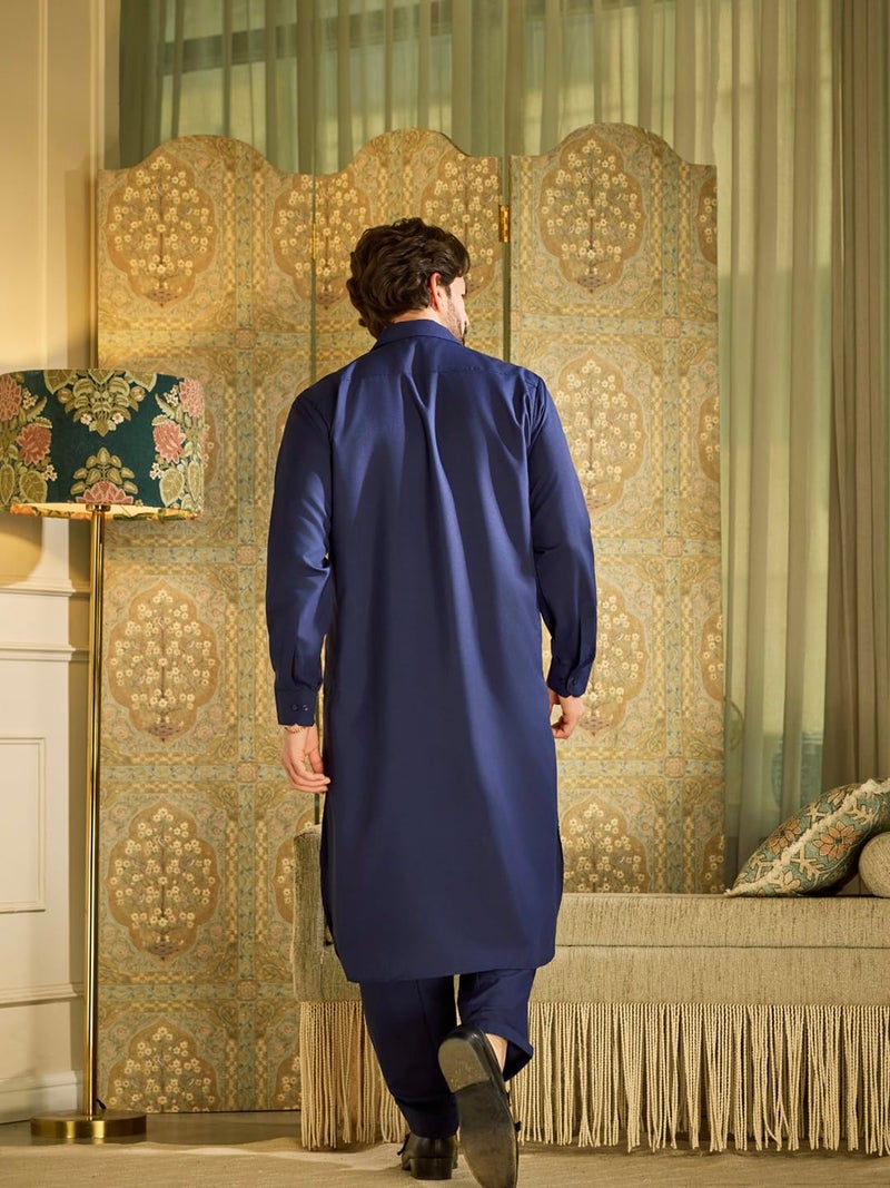 Sojanya سوجانيا (منذ 1958 بدلة باثاني كورتا وسلوار رجالي باللون الأزرق البحري من مزيج القطن بمقاس XXL) - Image 4