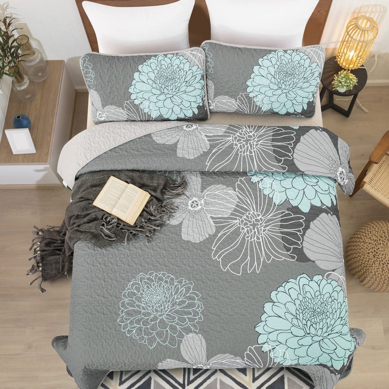 Anibedding Green Floral Queen Size Quilt Set - 3 Pieces Boho Flower Quilt Coverlet Elegant Bohemian Bedspread with 2 Pillowcases Soft Lightweight Bedding Quilts for Adults (Green,96"x90") - Image 4