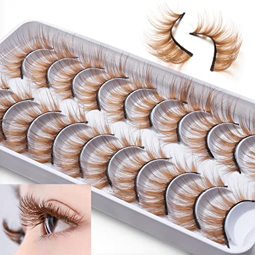 outopen 10 Pairs Brown Eyelashes Blonde Colored Lashes Wispy Halloween Eye Lashes Cosplay Makeup Natural Looking Masquerade Party Eyelashes Extension Tool - Image 2