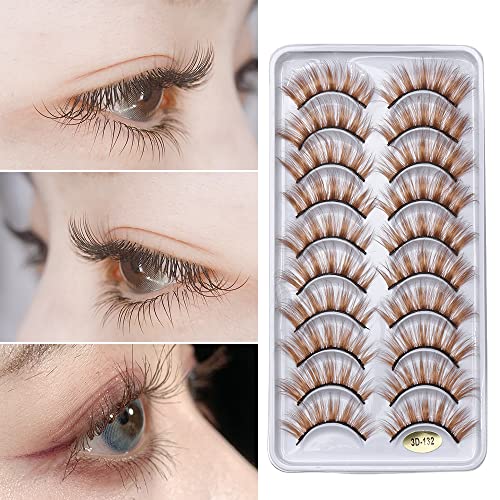 outopen 10 Pairs Brown Eyelashes Blonde Colored Lashes Wispy Halloween Eye Lashes Cosplay Makeup Natural Looking Masquerade Party Eyelashes Extension Tool - Image 5