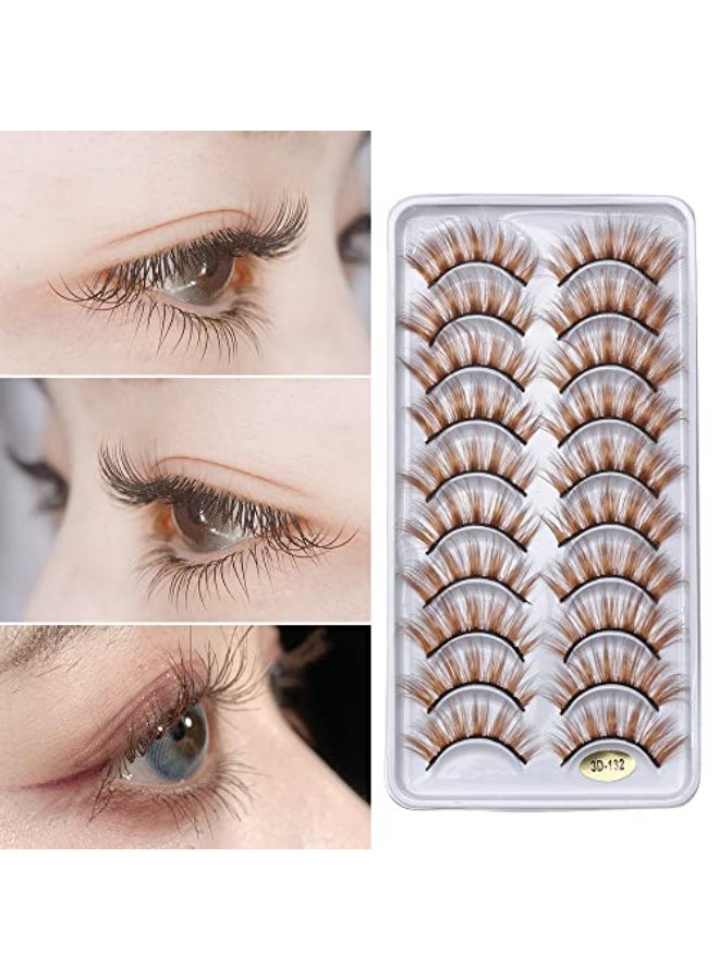outopen 10 Pairs Brown Eyelashes Blonde Colored Lashes Wispy Halloween Eye Lashes Cosplay Makeup Natural Looking Masquerade Party Eyelashes Extension Tool - Image 4