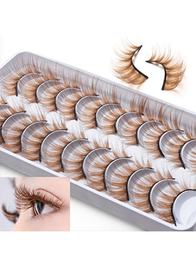 outopen 10 Pairs Brown Eyelashes Blonde Colored Lashes Wispy Halloween Eye Lashes Cosplay Makeup Natural Looking Masquerade Party Eyelashes Extension Tool - Image 1