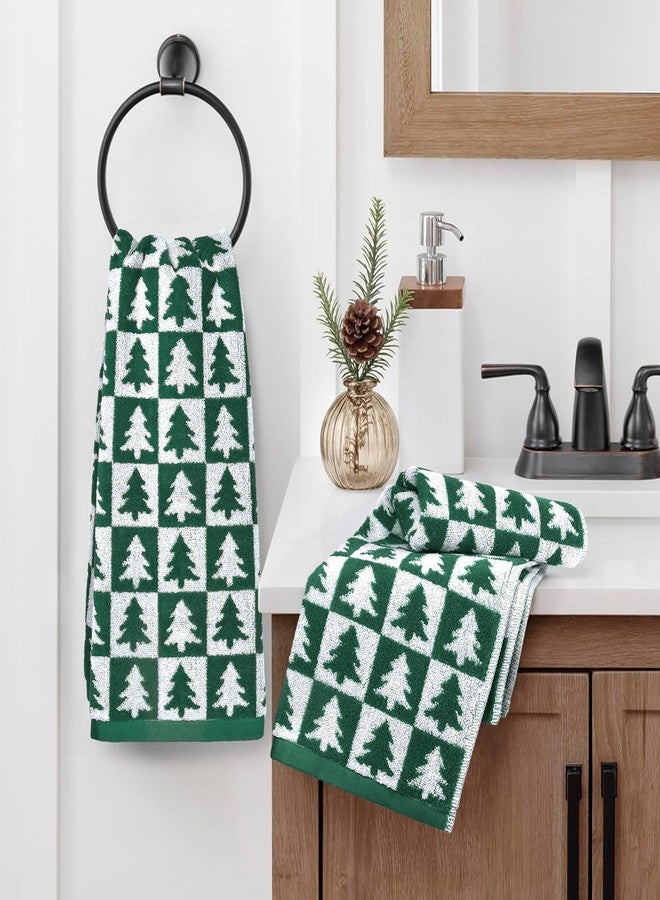 Jacquotha Christmas Hand Towels Set - 4-Piece Green Checkered & Tree Towels for Bathroom Kitchen Decor, Holiday Winter Cheer, Cotton, 13” x 29” - Image 3