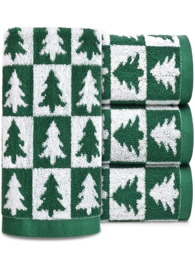 Jacquotha Christmas Hand Towels Set - 4-Piece Green Checkered & Tree Towels for Bathroom Kitchen Decor, Holiday Winter Cheer, Cotton, 13” x 29” - Image 1