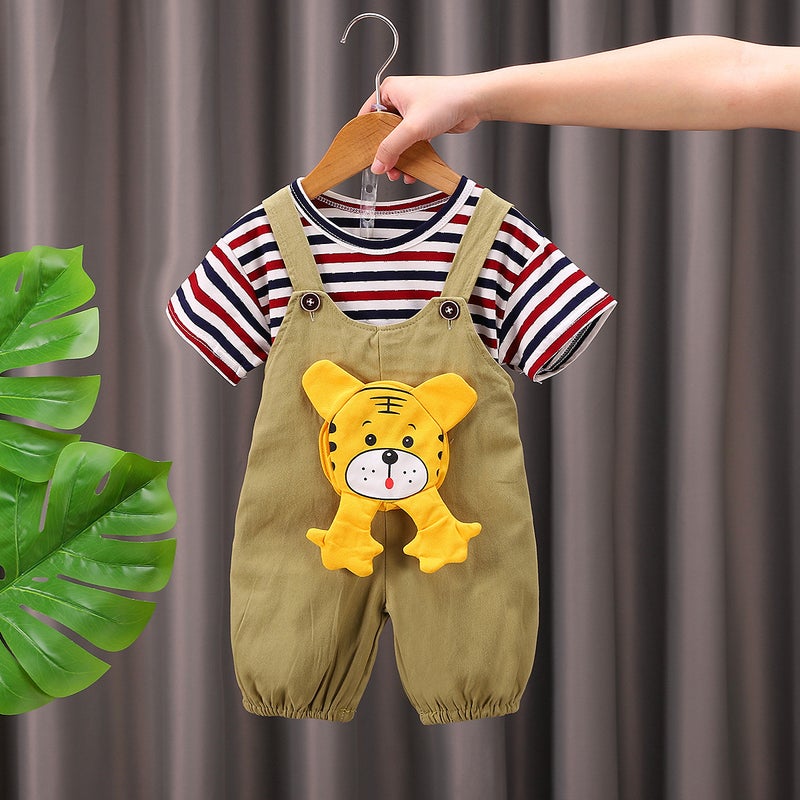 Cross-border childrens clothing summer new boys baby baby childrens suit suspenders cartoon short sleeve suit Green 