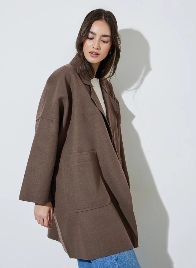 Styli  Brown Notch Lapel Button-Up Coat for Women | Best Price UAE