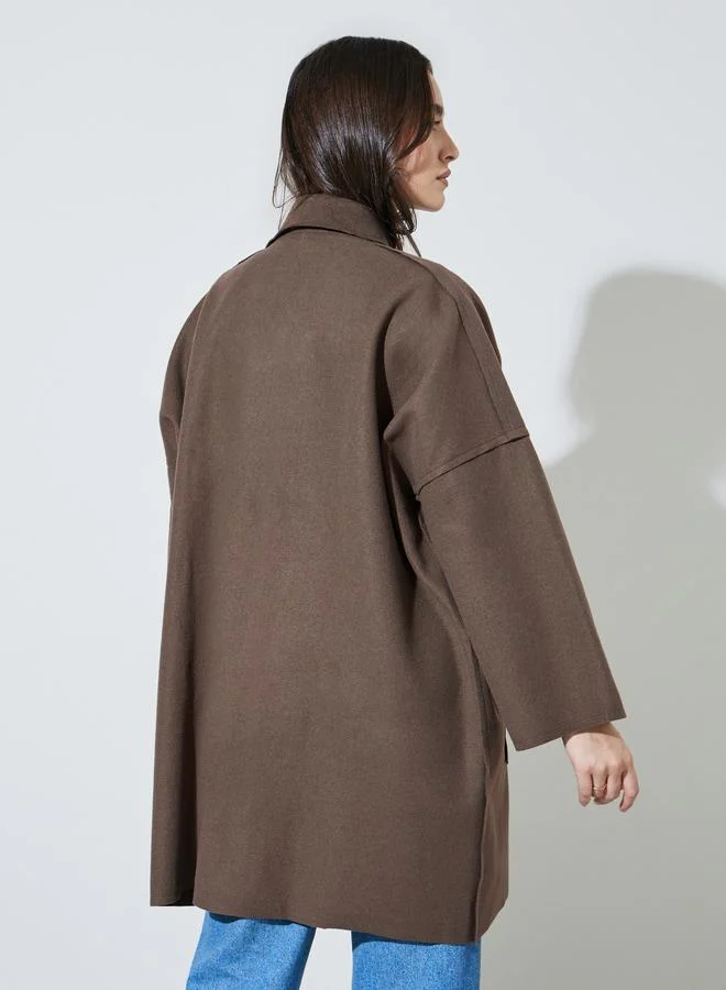 Styli  Brown Notch Lapel Button-Up Coat for Women | Best Price UAE