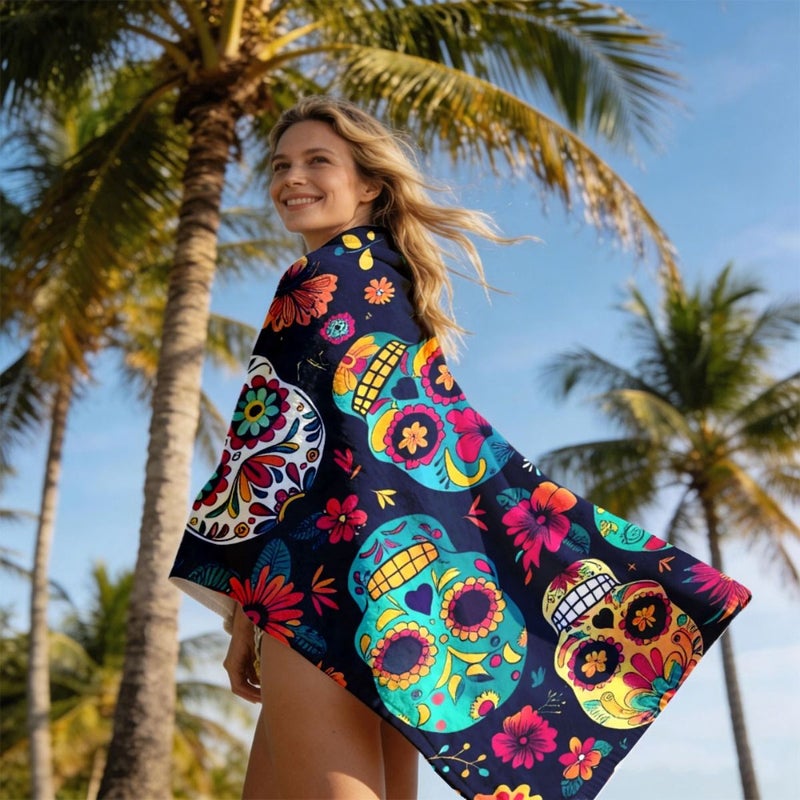 19.7in x 59.1in Vibrant Sugar Skull & Floral Pattern Polyester Beach Towel - Lightweight, Portable, Durable, Machine Washable for Men Women Couples Beach Pool Fitness Vacation Gift - Image 2