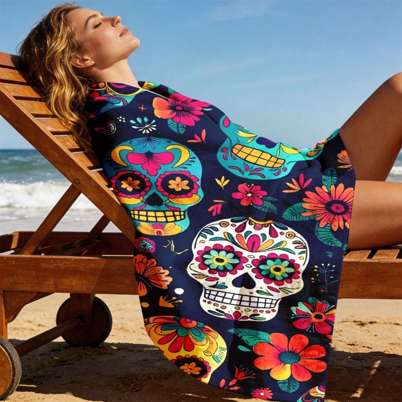 19.7in x 59.1in Vibrant Sugar Skull & Floral Pattern Polyester Beach Towel - Lightweight, Portable, Durable, Machine Washable for Men Women Couples Beach Pool Fitness Vacation Gift - Image 3
