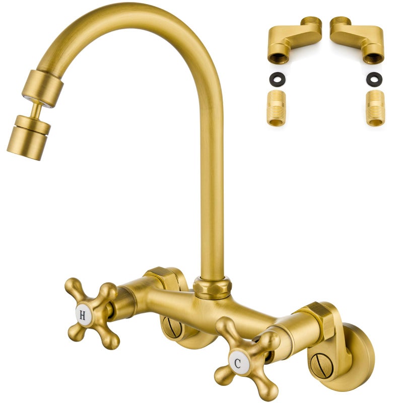 Airuida Wall Mount Kitchen Faucet with Sprayer Wall Mounted Kitchen Sink Faucet Double Cross Handles 360 Degree Swivel Spout Restaurant Mixer Tap Commercial 6 Inch Center Matte Black - Image 1