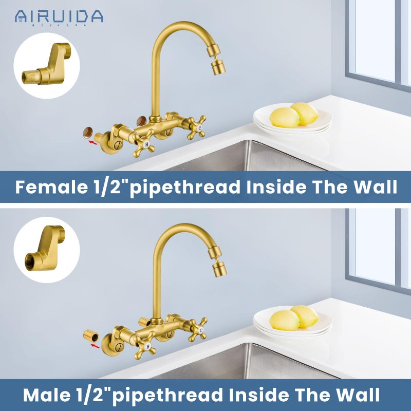 Airuida Wall Mount Kitchen Faucet with Sprayer Wall Mounted Kitchen Sink Faucet Double Cross Handles 360 Degree Swivel Spout Restaurant Mixer Tap Commercial 6 Inch Center Matte Black - Image 4