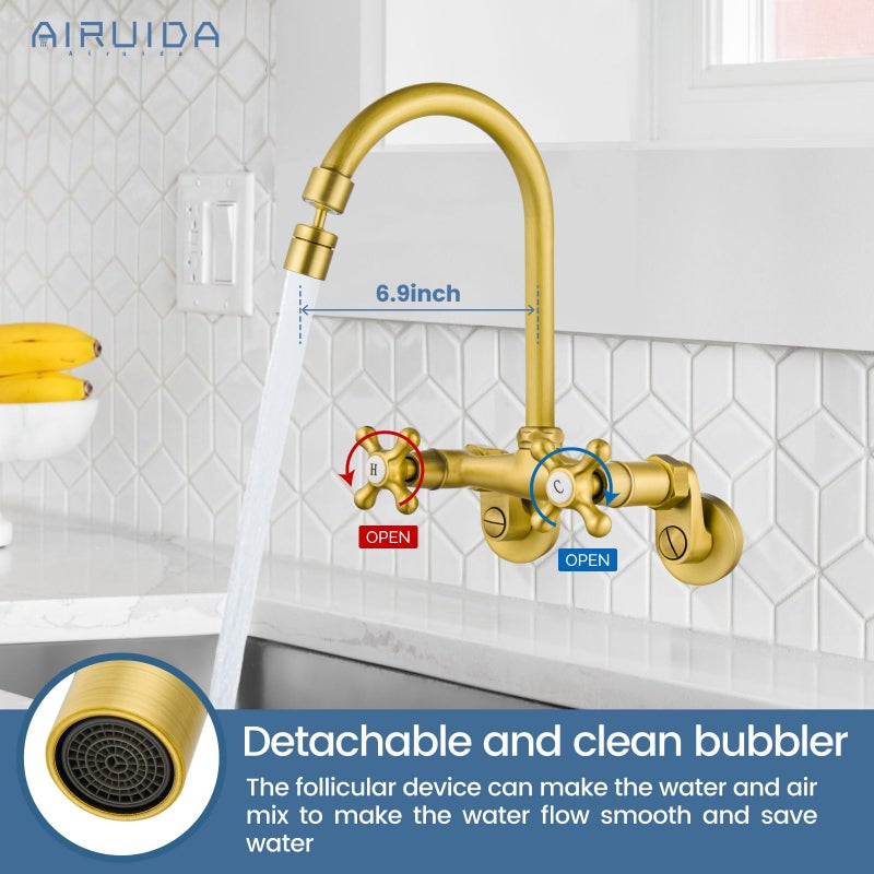 Airuida Wall Mount Kitchen Faucet with Sprayer Wall Mounted Kitchen Sink Faucet Double Cross Handles 360 Degree Swivel Spout Restaurant Mixer Tap Commercial 6 Inch Center Matte Black - Image 2