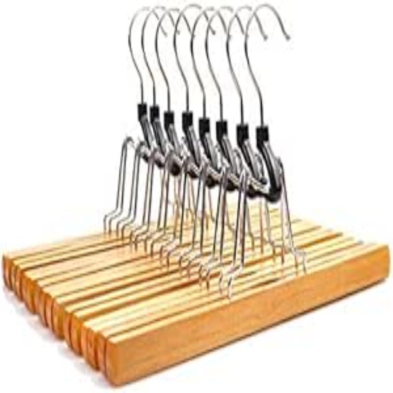 8-Piece Wooden Hangers Set for Slack Pants Skirts Trousers - 360° Non-Slip Wooden Hangers with Rustproof Hooks Natural Surfaces - Image 2