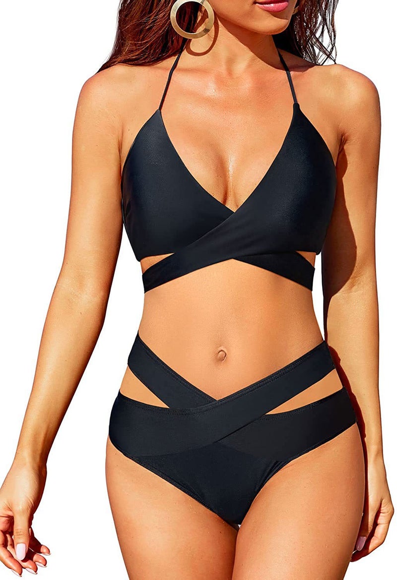 New Cross-Border and Style Women''s Two-Piece Swimsuit Floral Color-Blocking High-Waisted Quick-Dry Bikini on - Image 1