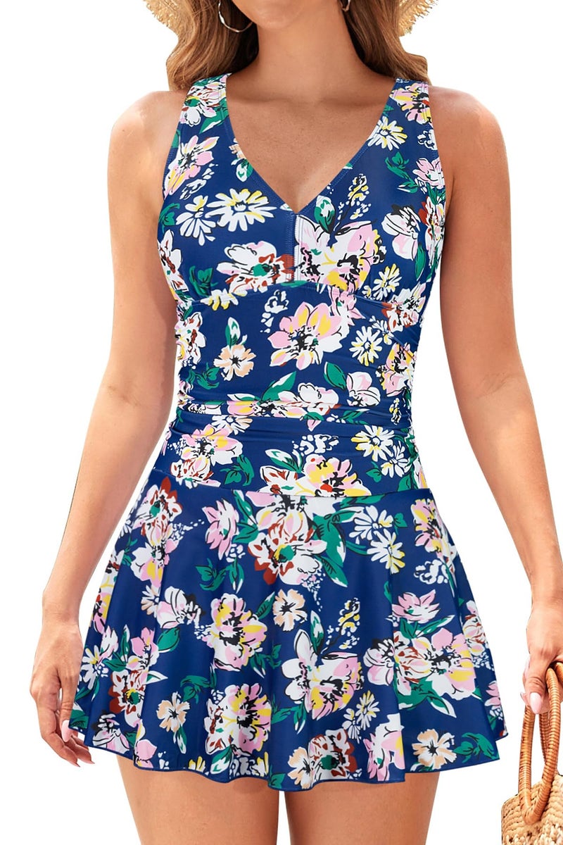 SHEKINI Women's Back Crisscross Swimdress Tummy Control One Piece Skirt Swimsuit（Flower, Small - Image 1