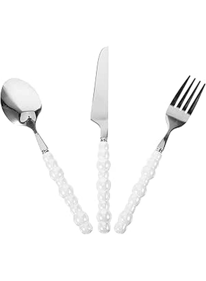 White Pearl Handle Stainless Steel Cutlery Set 3pcs Fork Spoon Dining Flatware - Image 1
